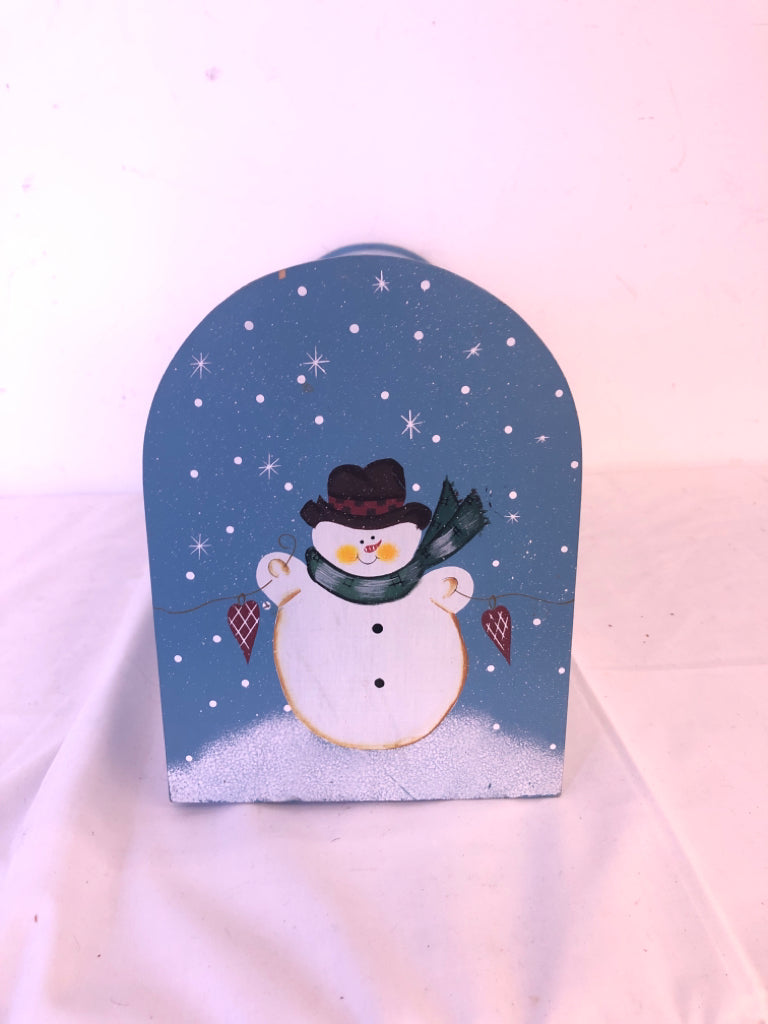 PRIMITIVE WOOD BLUE MAIL BOX W/ SNOWMAN ON IT.