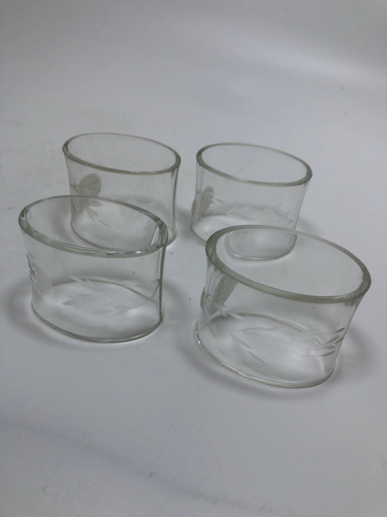 4 GLASS ETCHED NAPKIN HOLDERS.