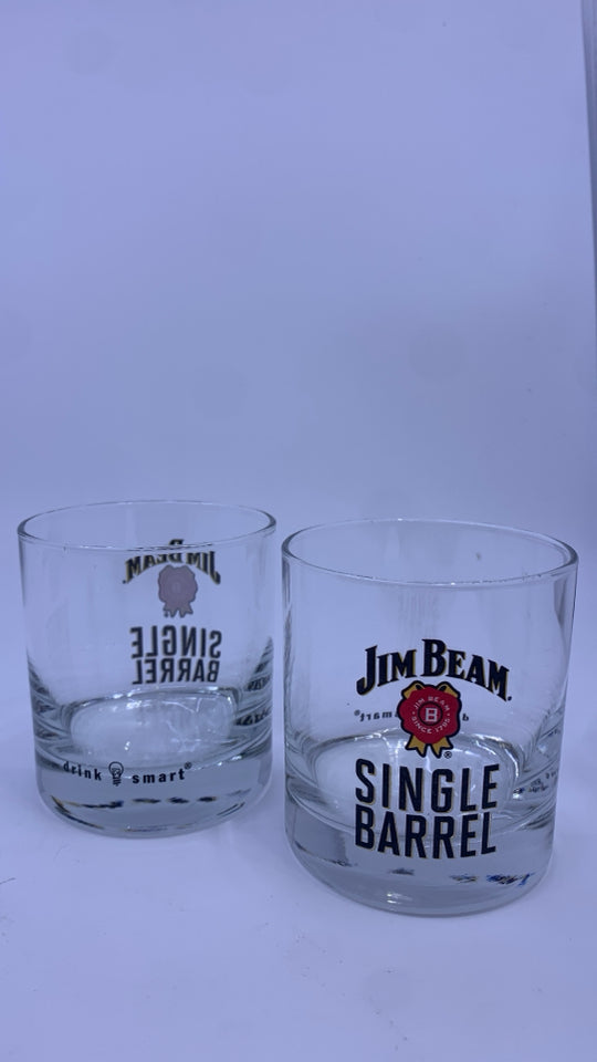 2 JIM BEAM SINGLE BARREL GLASSES.