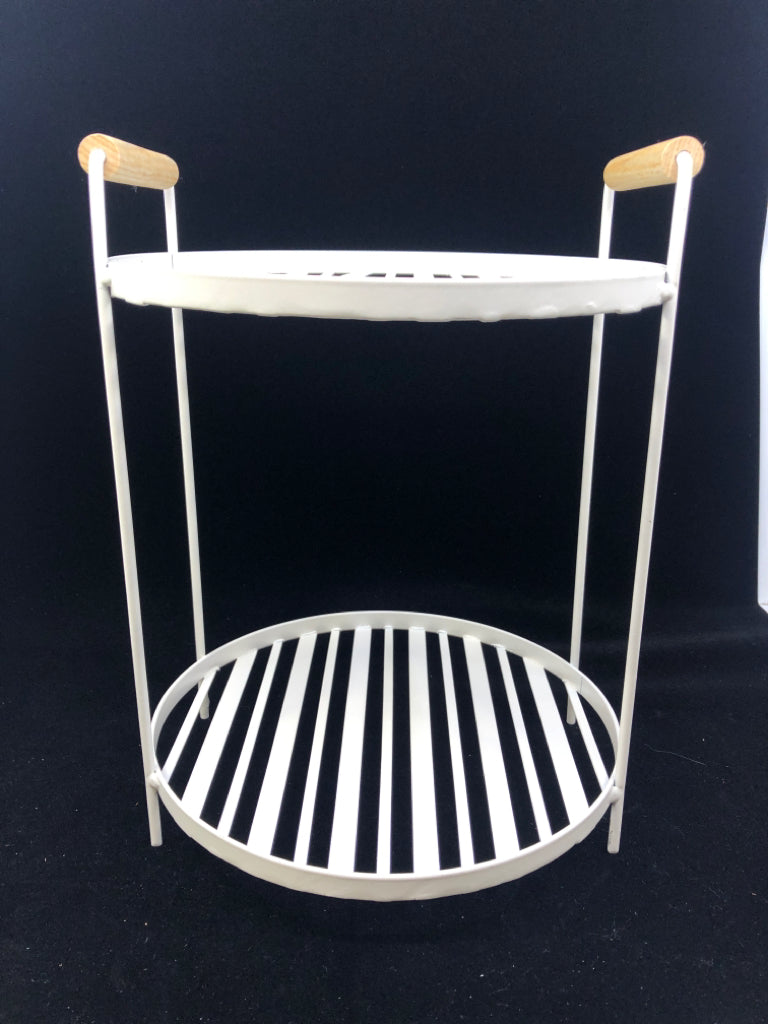 2 TIER WHITE METAL CENTERPIECE W WOOD HANDLES.