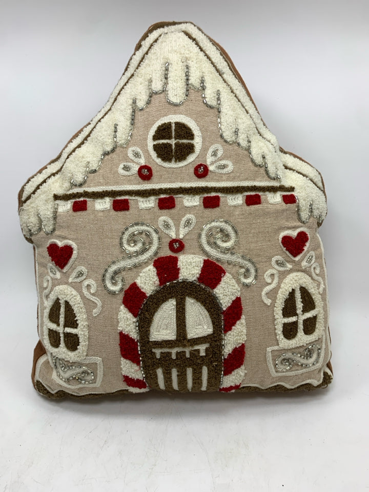 BEADED GINGERBREAD HOUSE PILLOW.