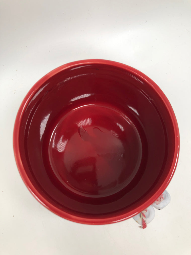 RED CERAMIC MASON JAR W/WHITE JINGLE BELLS.