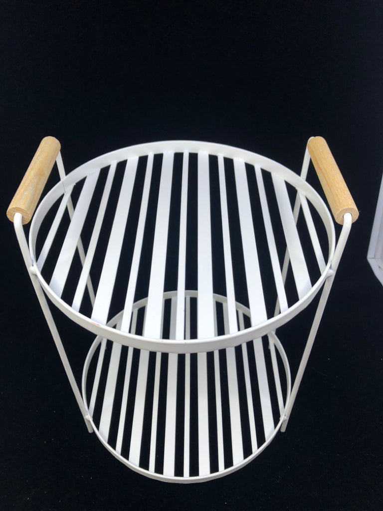 2 TIER WHITE METAL CENTERPIECE W WOOD HANDLES.