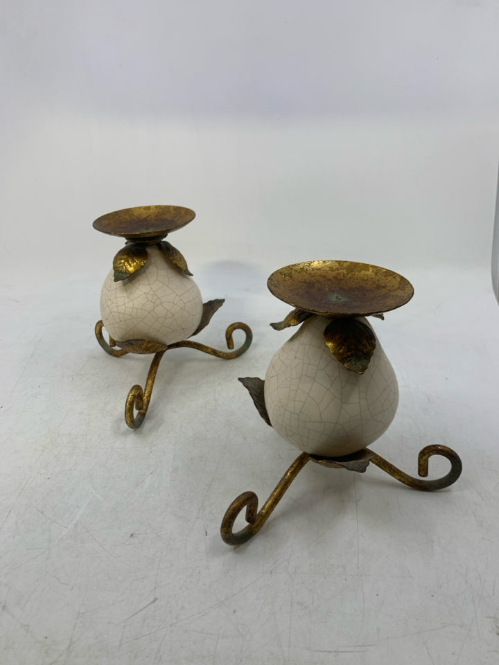 2 GOLD METAL LEG W/ CRACKLE PEAR PILLAR CANDLE HOLDERS.