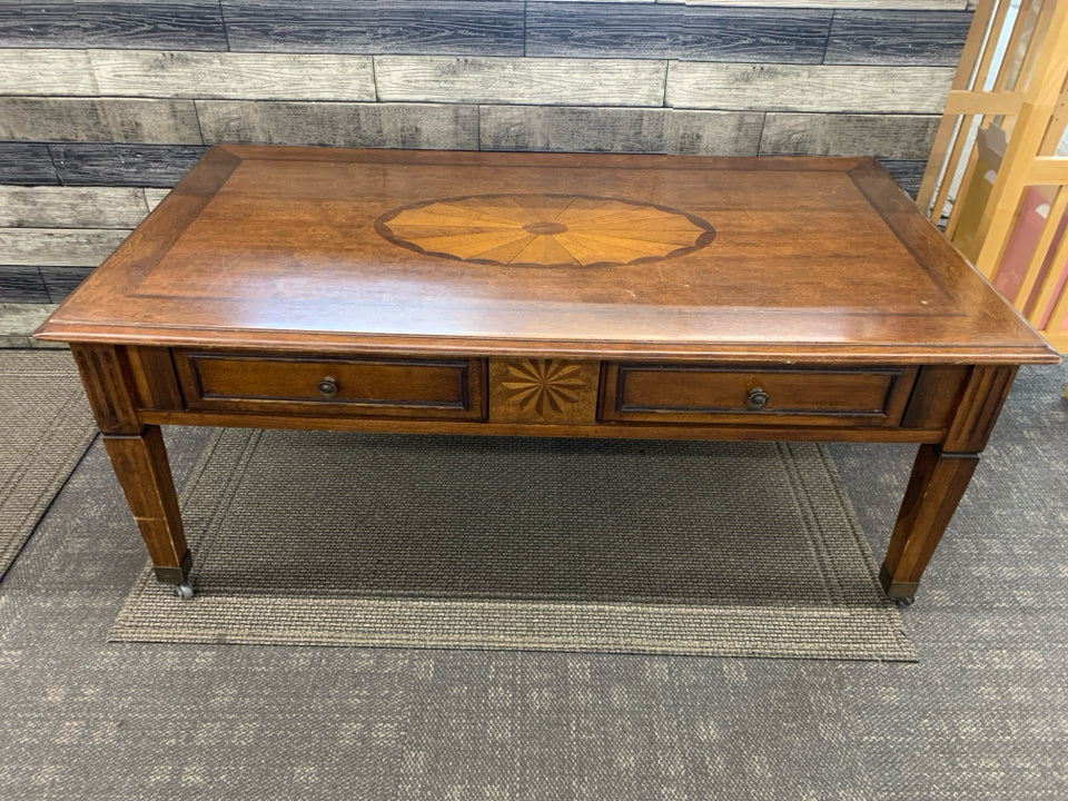 CHERRY WOOD COCKTAIL TABLE W/ INLAY 2 DRAWERS.