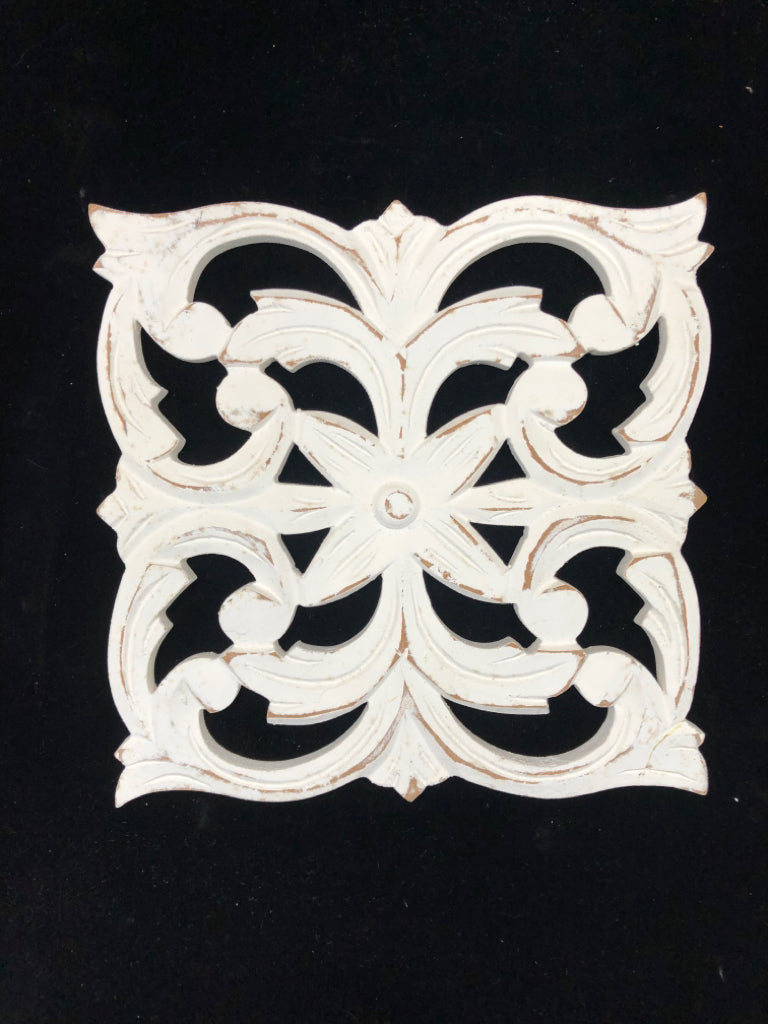 WHITE HAND-CARVED FLORAL WOOD PANEL.