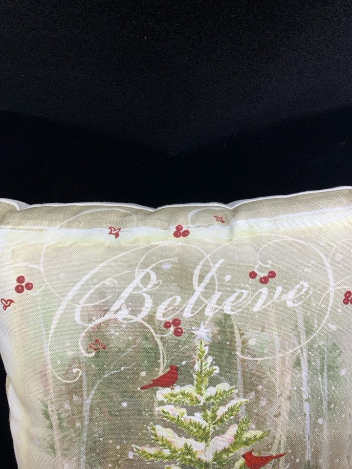 'BELIEVE' CARDINAL IN TREE FABRIC PILLOW.