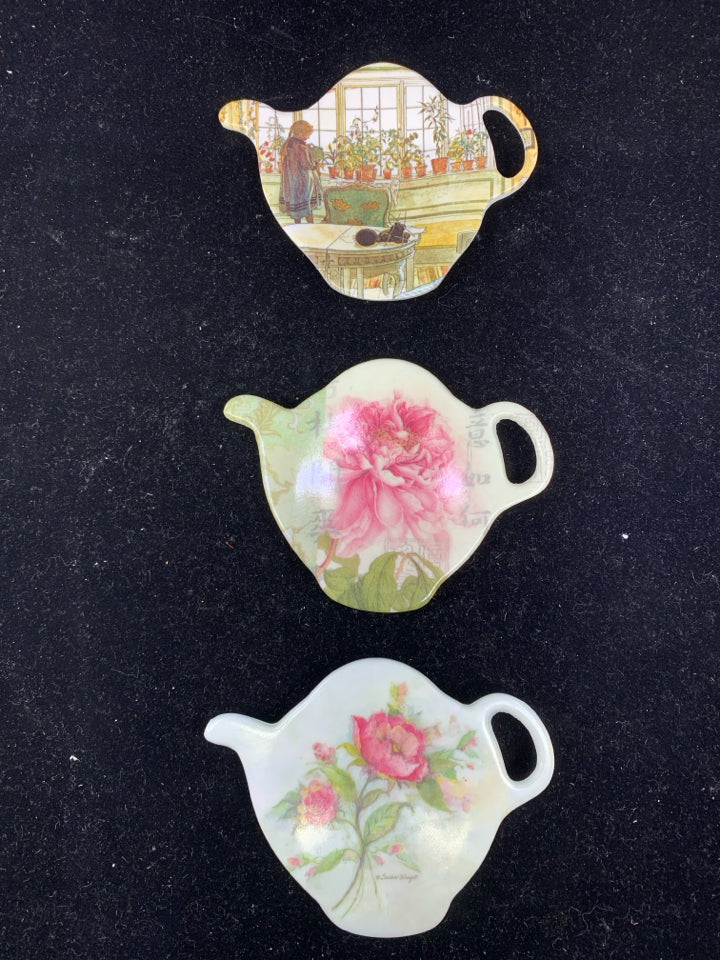 3 TEAPOT SHAPED TEA BAG HOLDERS.