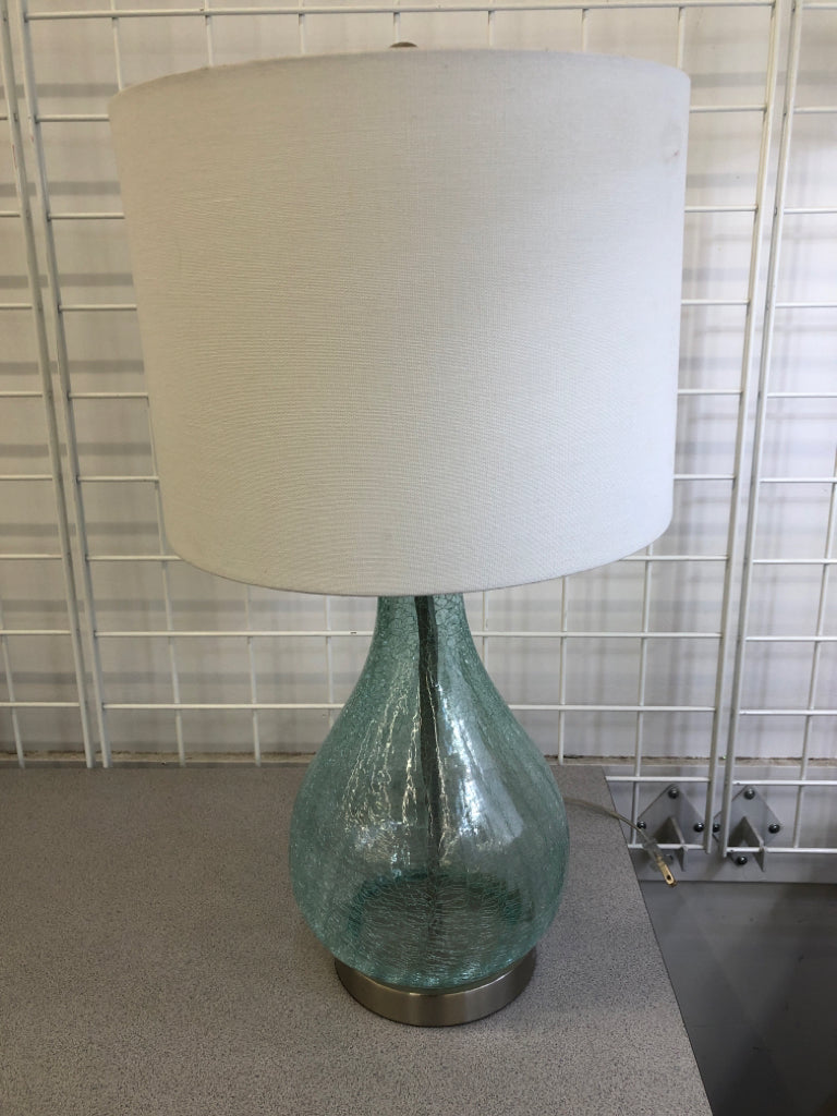 BLUE CRACKLE LAMP W/WHITE SHADE.