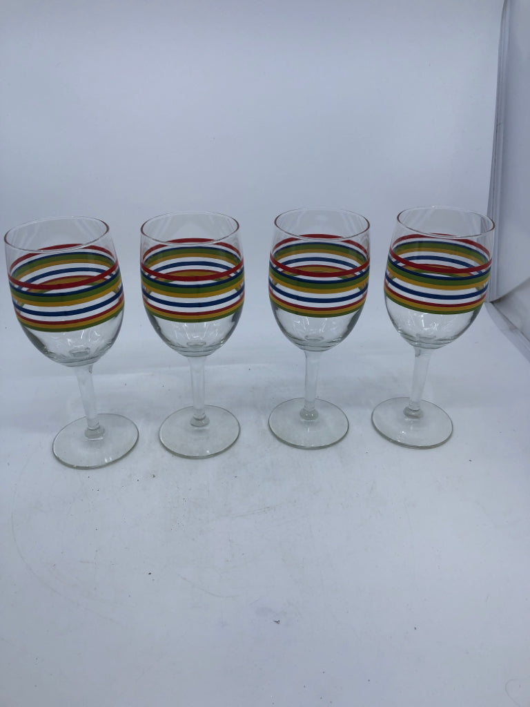 4 RAINBOW STRIPED WINE GLASSES.