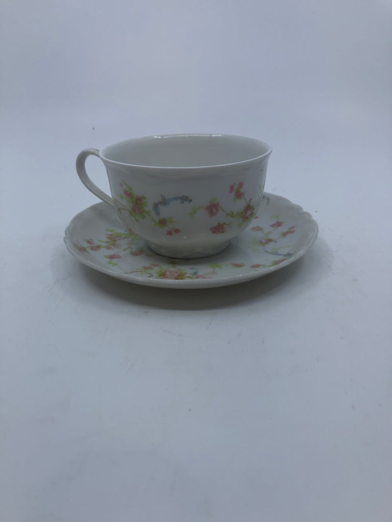 VTG PINK W GREEN TEACUP AND SAUCER.