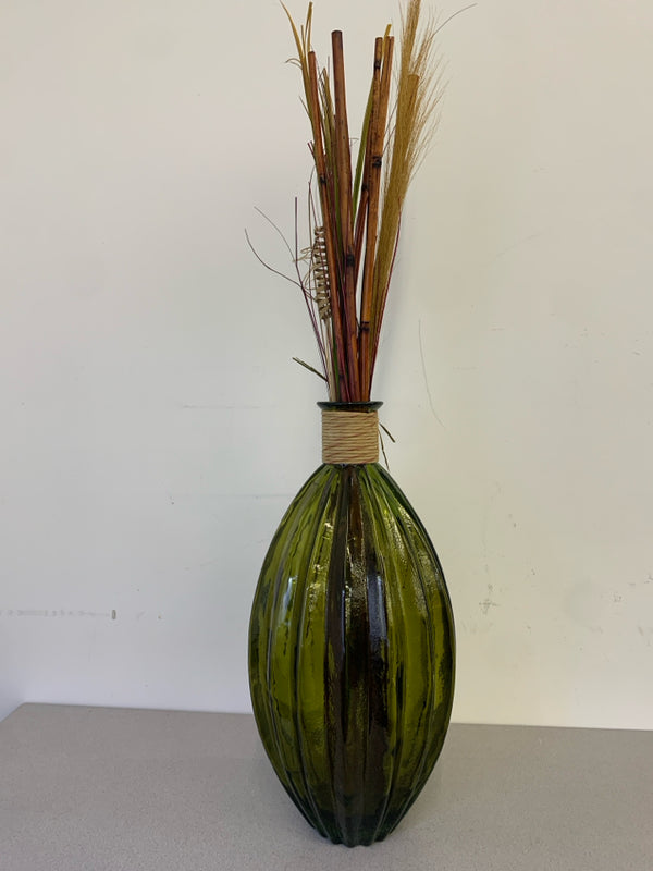 GREEN RIBBED LARGE BASE W/ WRAPPED NECK VASE W/ FAUX RED BAMBOO.