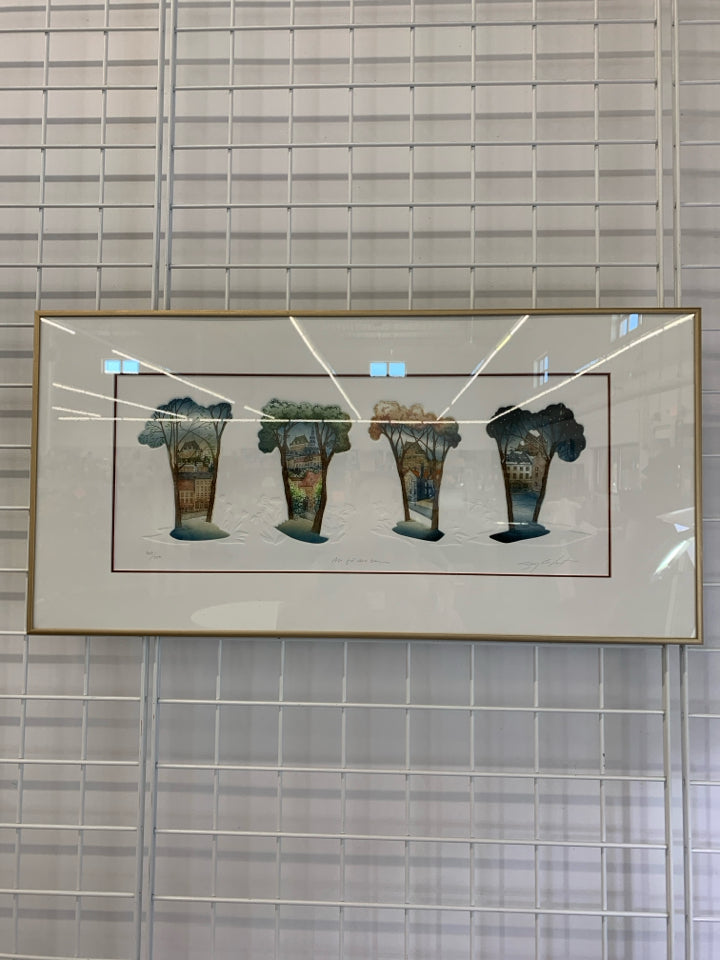 4 SEASONS TREES W/BUILDINGS EMBOSSED PRINT- SIGNED BY ARTIST.