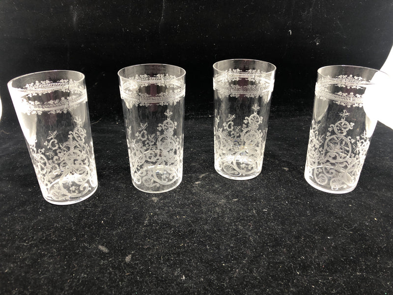 4 VTG ETCHED JUICE GLASSES.