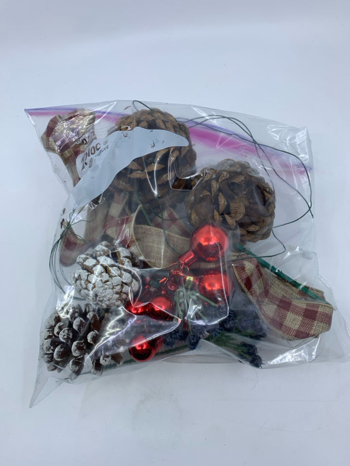 BAG OF WREATH DECOR- WHITE PINECONES & TAN RIBBON.