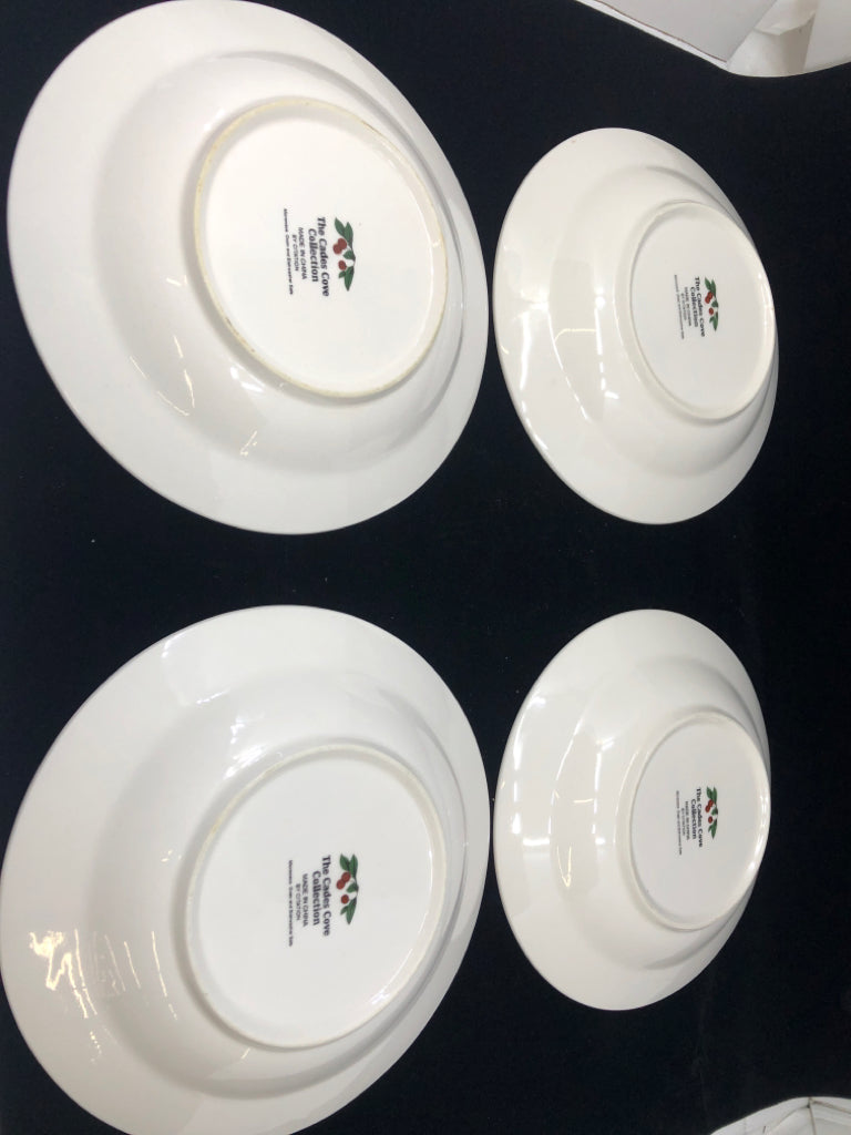 4 WHITE BOWLS GREEN FLORAL AND APPLE DESIGN.