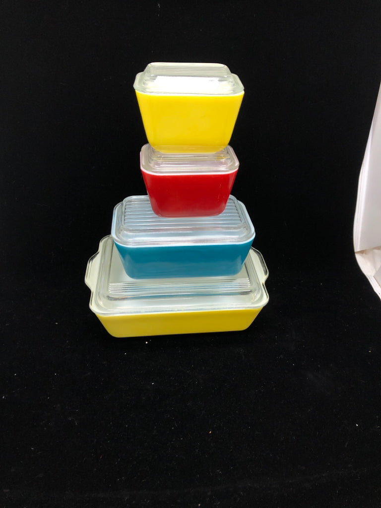 VTG 4 PRIMARY COLOR PYREX FOOD STORAGE SET W/LIDS.
