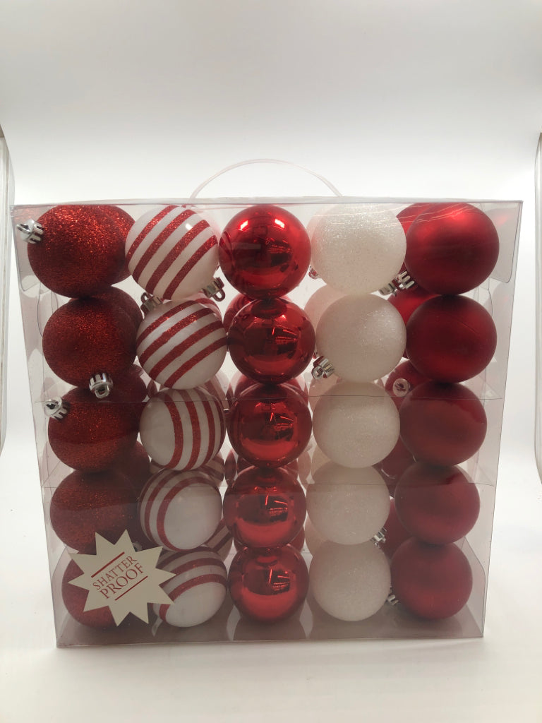 NIP 50PC RED/WHITE ORNAMENTS.
