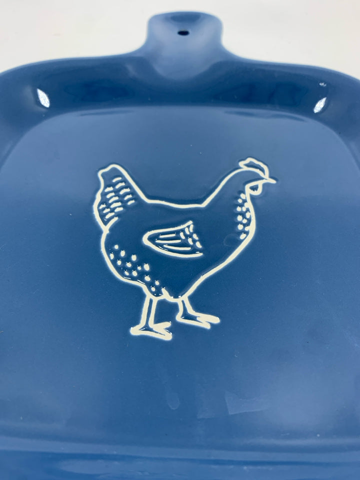 BLUE SERVING PLATE W/ETCHED ROOSTER.