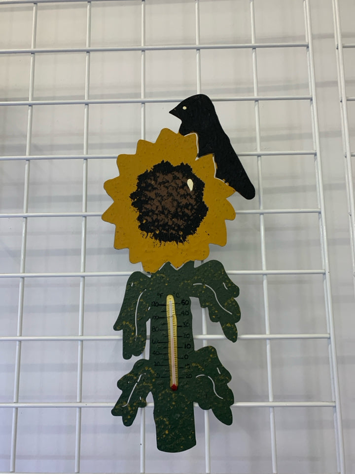 PRIMITIVE METAL SUNFLOWER W/ CROW THERMOMETER.