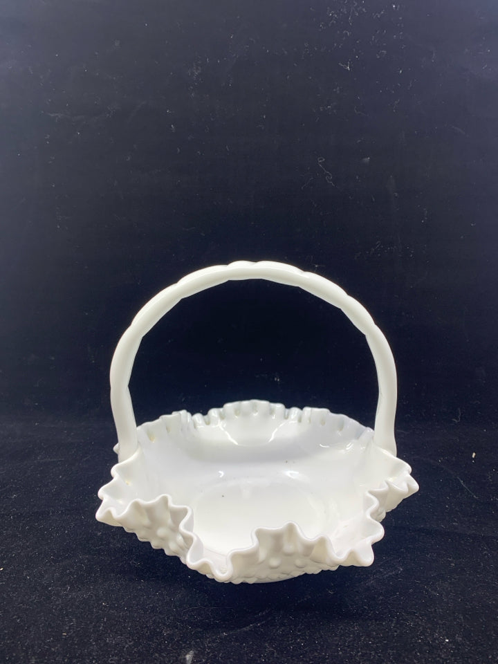 MILK GLASS HOBNAIL BASKET W/ RUFFLED EDGE.