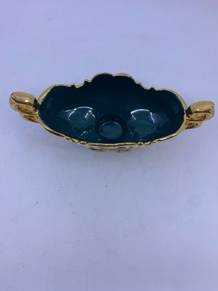 TEAL GOLD CERAMIC FOOTED OVAL PLANTER W/ FLOWER DESIGN SIGNED.