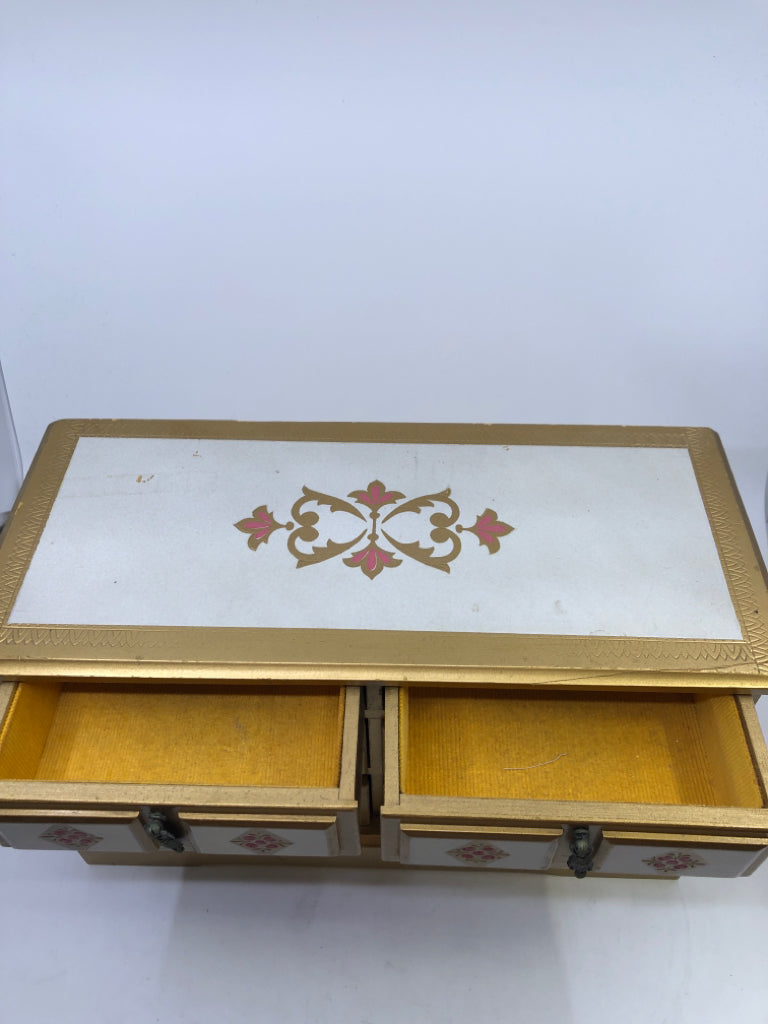 VTG GOLD RED PATTERN MUSIC/JEWELRY BOX.