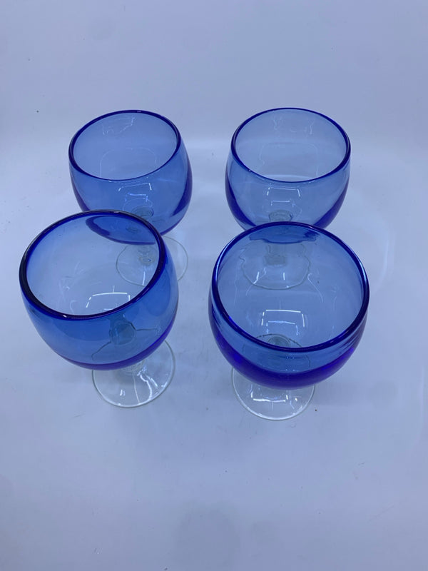 4 BLUE CLEAR STEM WINE GLASSES.