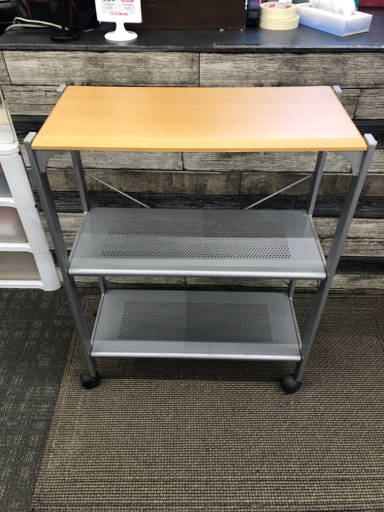 INDUSTRIAL GREY METAL ROLLING SHELF W/WOOD TOP.