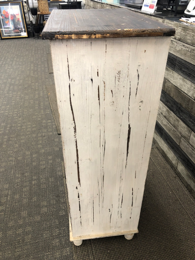 MULTI-COLORED DISTRESSED FARMHOUSE STYLE DRESSER.