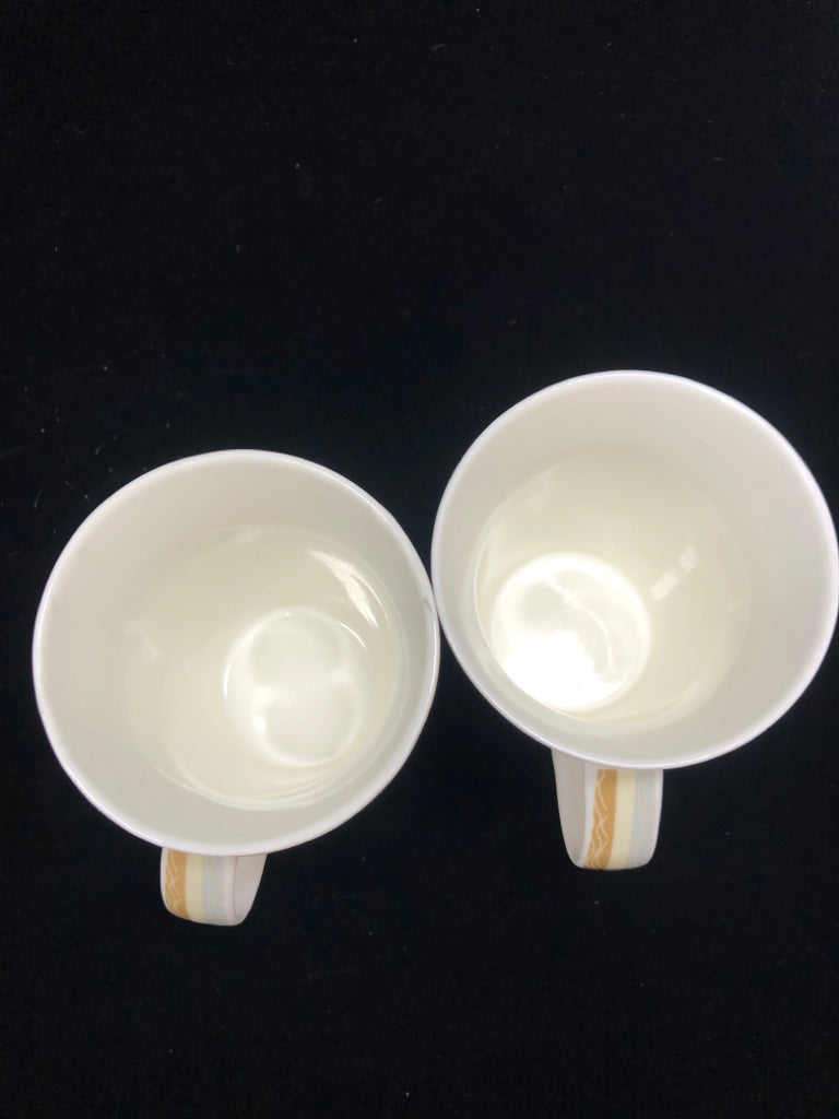 2 GREY/TAN STRIPE COFFEE MUGS.
