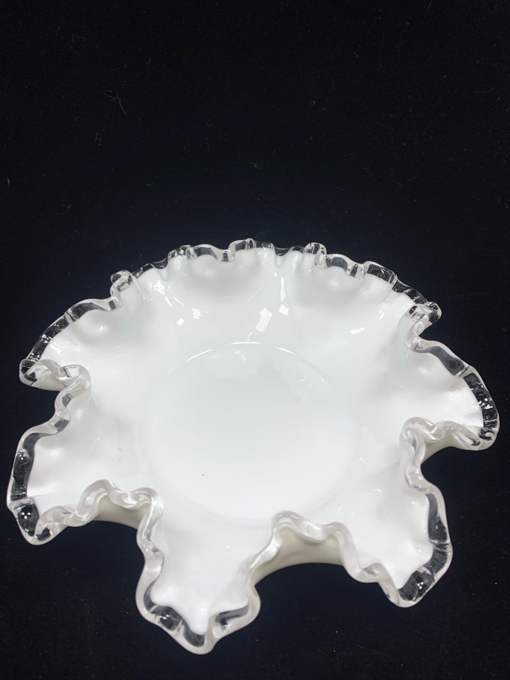 VTG WHITE RUFFLE EDGE MILK GLASS DISH.