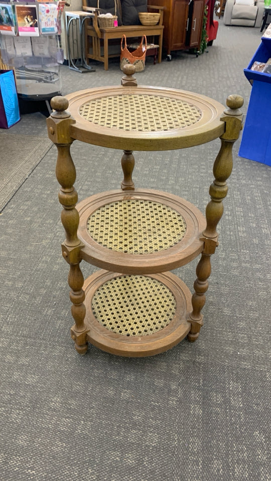 3-TIER FAUX WOOD RATTAN SHELF.