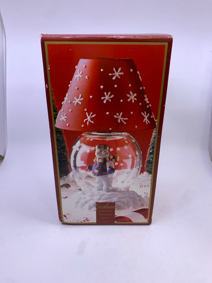 SNOWMAN SNOWGLOBE TEA LIGHT HOLDER W/RED SHADE.