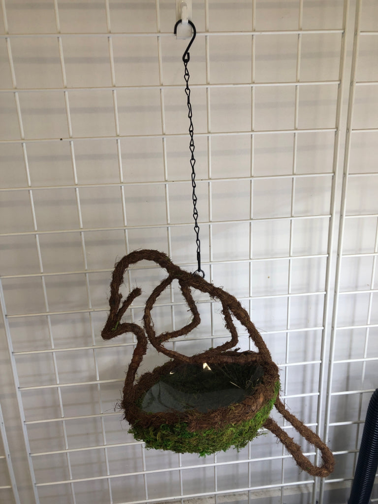 MOSS BIRD SHAPED HANGING PLANTER W/ PLASTIC INSERT.