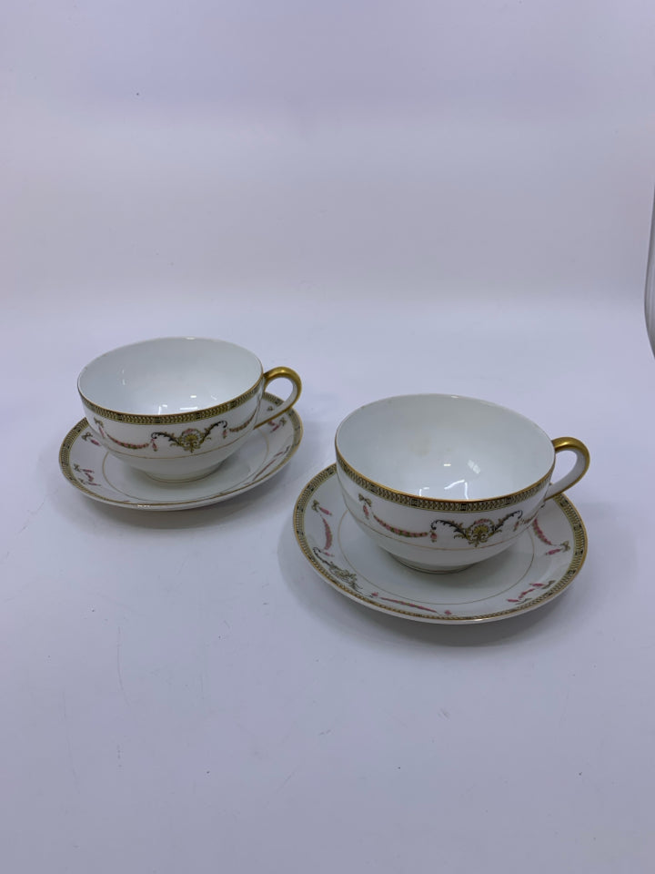 4 PC STRING OF PINK ROSES W/ YELLOW DETAILS CUPS/SAUCERS.