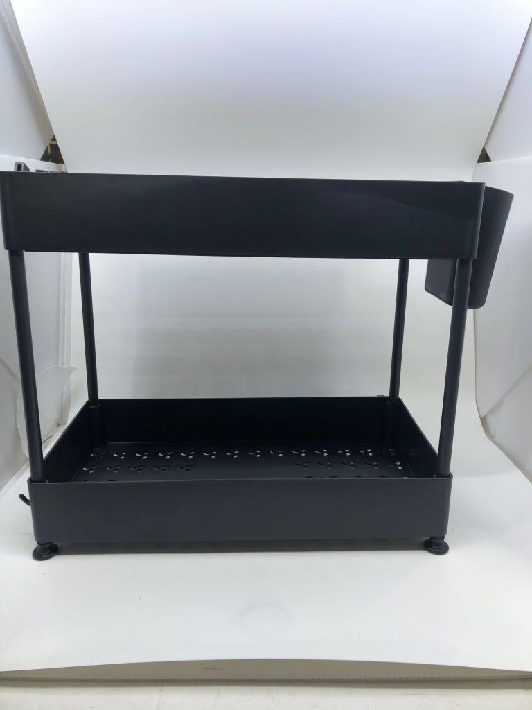 BLACK PLASTIC 2 TIER DISH DRYING RACK W/ SPONGE HOLDER/HOOKS.