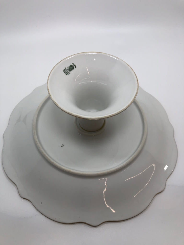 VTG FLORAL CAKE STAND W/GOLD RIM.