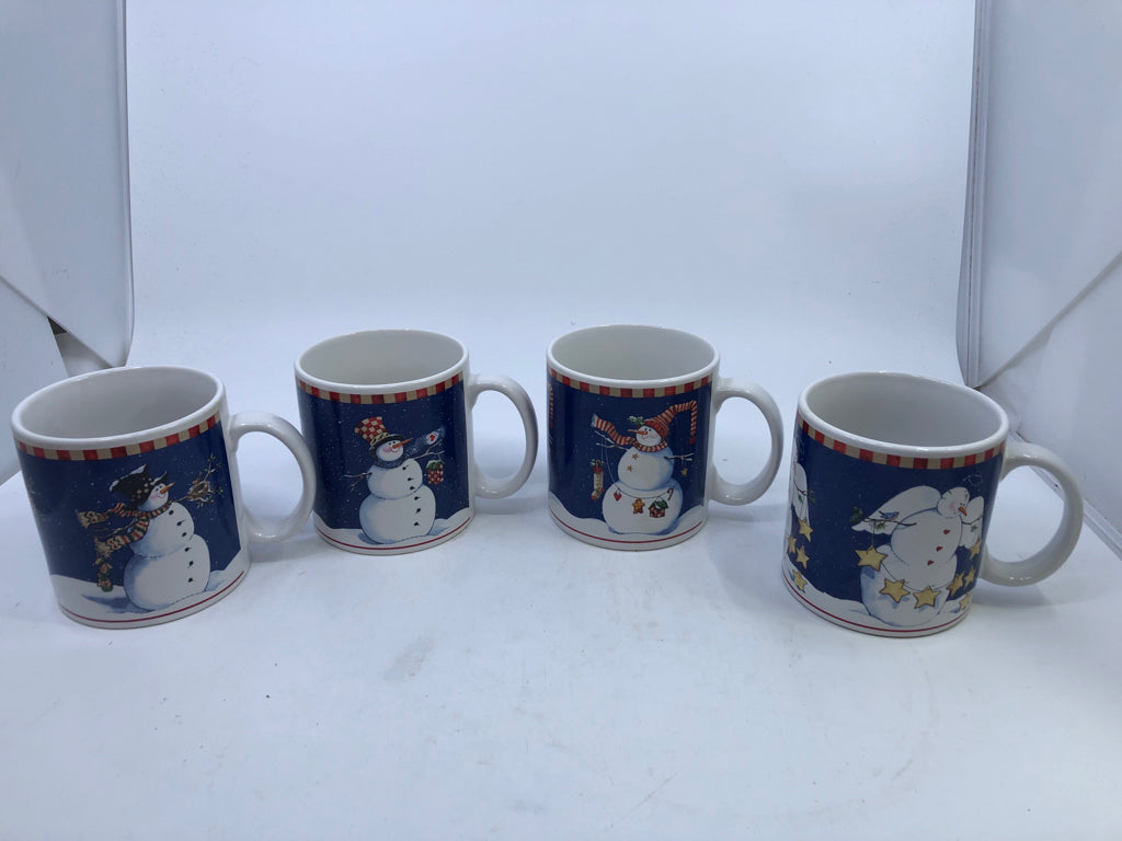 16 PC SVC 4 PRIMITIVE SNOWMAN DINNER,LUNCH,BOWLS,MUGS.