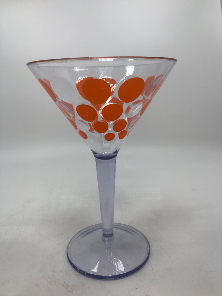 4 PLASTIC MARTINI GLASSES W/COLORFUL POLKA DOTS.