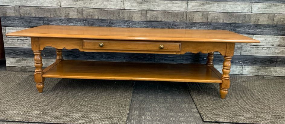 BLONDE WOOD 2 TIER COFFEE TABLE W/ DRAWER- CONANT BALL FURNITURE.