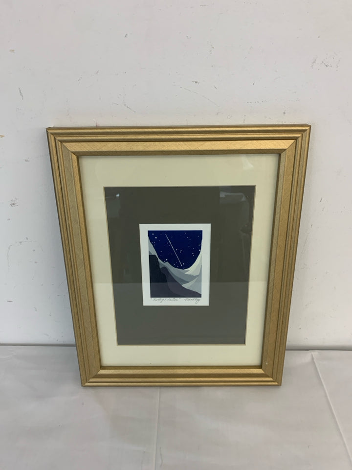 "TWILIGHT VISITOR" SIGNED PRINT IN GOLD FRAME.