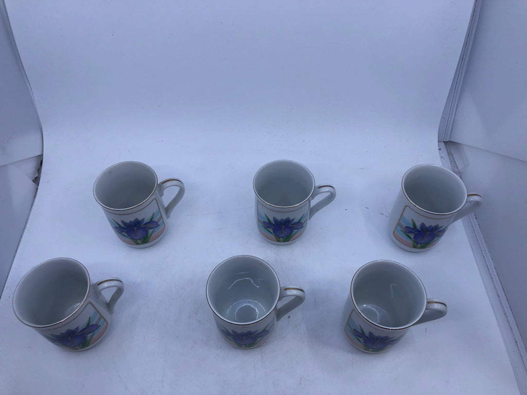 6 VTG PURPLE IRIS FLORAL MUGS.
