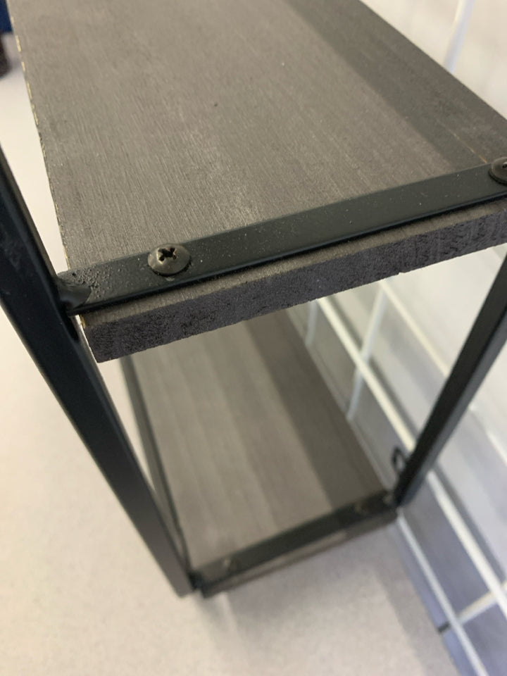 3 TIER GREY SHELVES W/METAL FRAME WALL HANGING.