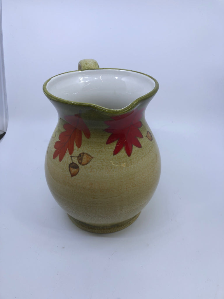 GREEN CERAMIC PITCHER W/ LEAVES/ACORNS.