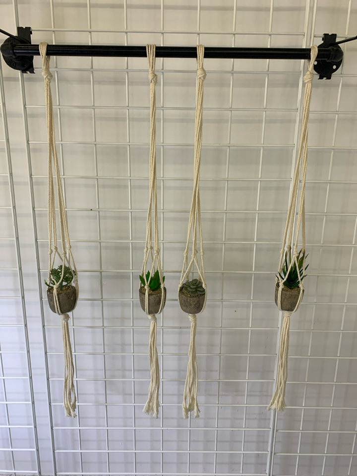 BLACK METAL HANGING MACRAME W 4 FAUX SUCCULENTS.