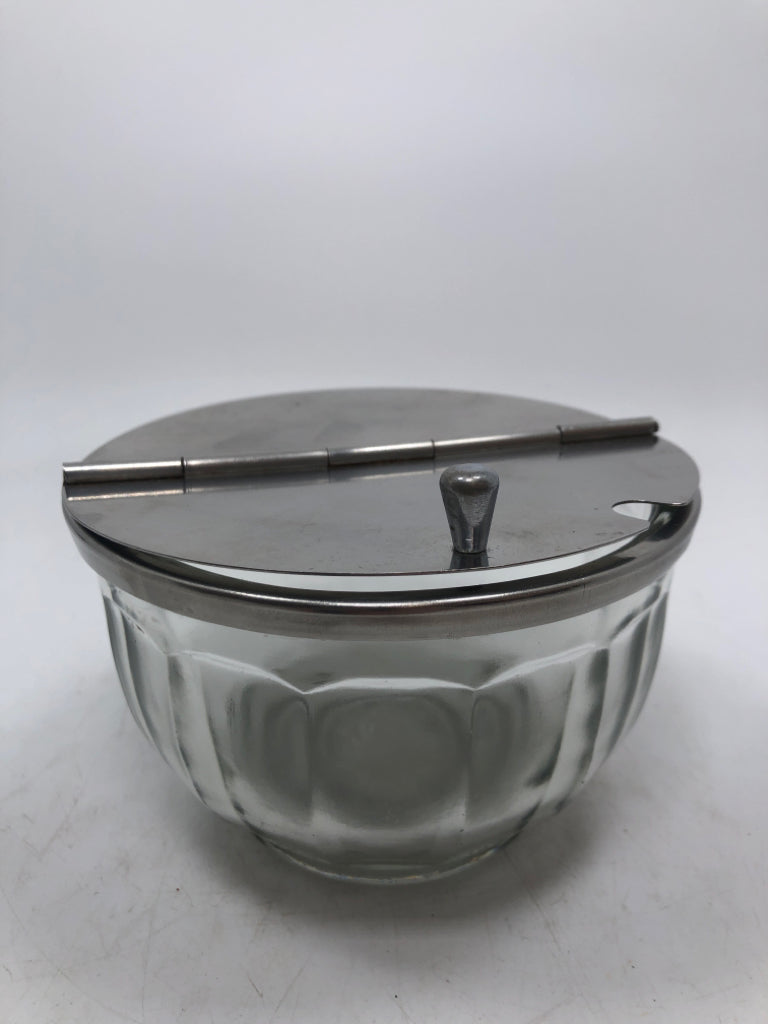 GLASS CONTAINER W/METAL LIFTING LID.