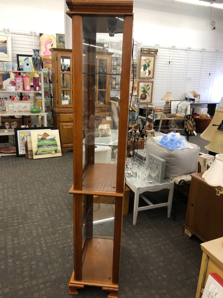 CURIO CABINET W/LIGHTS & GLASS SHELVES.