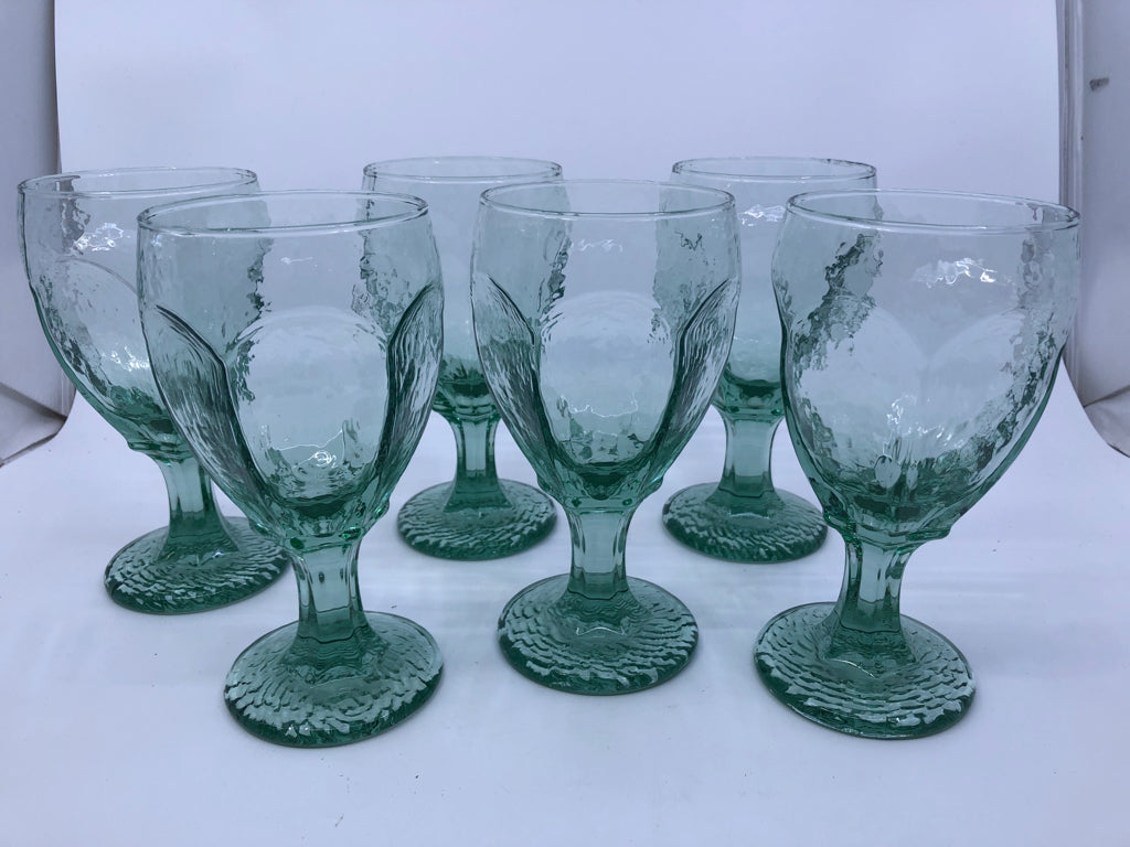 6 GREEN GLASS TINTED FOOTED WATER GLASSES.
