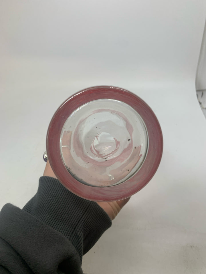 BLOWN GLASS CYLINDER VASE W/ EMBOSSED RED LINES.